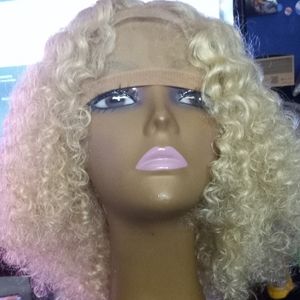 Human hair washable mousable curly lace front blond wig. With adjustable cap and
